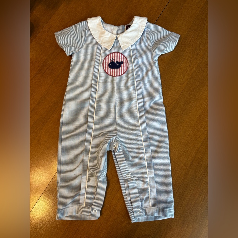 Collared Blue Striped Baby Longalls with Whale Patch